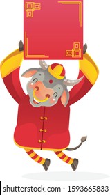 Cow personality. Holding a square. Red cheongsam dress. Bull zodiac symbol of the year 2021. Chinese New Year character design concept. Year of the ox. gestures and smiling. Cute cartoon style.