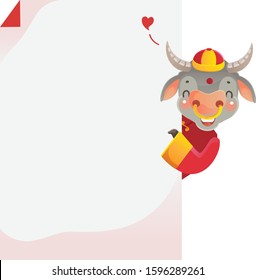 Cow personality Holding vertical rectangle. Red cheongsam dress. Bull zodiac symbol of the year 2021. Chinese New Year character design concept. Year of the ox. gestures and smiling.Cute cartoon style