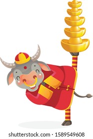 Cow personality. Red cheongsam dress. Bull zodiac symbol of the year 2021. Chinese New Year character design concept. Year of the ox. gestures and smiling. Cute cartoon style. Cow holding gold. 