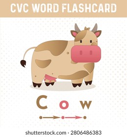 Cow Phonics Flashcard | Printable Vowel Team (OW) Word Card for Preschool, Kindergarten and Early Reading