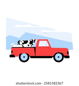 Cow In Pickup Truck In Flat Vector Illustration Symbolizing Cattle Transport, Livestock Farming, And Rural Agriculture, Isolated On White Background