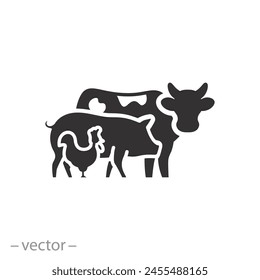 ícono de vaca, cerdo y pollo, animales de granja, grupo de mascotas, símbolo plano sobre fondo blanco - Ilustración vectorial