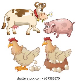 Cow, pig, chicken. A set of farm animals