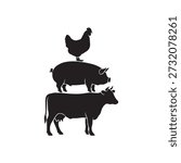 Cow Pig Chicken stencil icon vector. Farm animals stencil silhouettes. Stacked cow pig chicken stencil