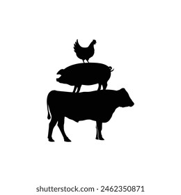 Icono de plantilla de pollo de cerdo de vaca Vector. Siluetas de plantilla de animales de granja. Plantilla de pollo de cerdo de vaca apilado.	 