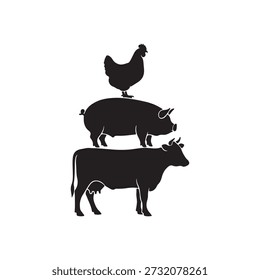 Cow Pig Chicken stencil icon vector. Farm animals stencil silhouettes. Stacked cow pig chicken stencil