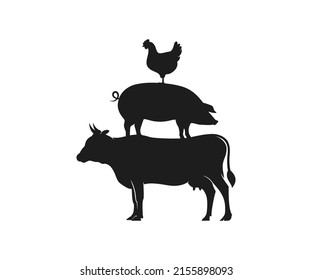 Plantilla de plantilla de plantilla de esténcil de pollo de cerdo de vaca. Icono del patrón de animales de granja. Plantilla vectorial de esténcil de pollo de cerdo apilado.