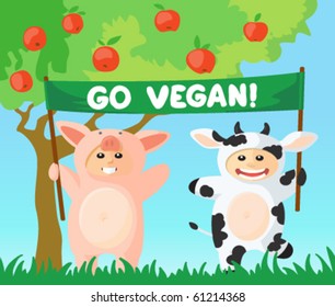 Cow and pig with go vegan banner
