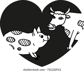 Cow and pig in heart. 