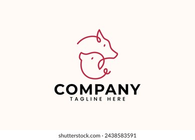 cow and pig line art logo design for animal food farm restaurant company business