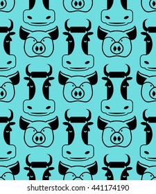 Cow and pig seamless pattern. head of boar and bull ornament. Pork and beef texture. Cute farm animals. Retro background for childrens fabric