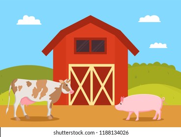 Cow And Pig Swine On Farm. Mammal Animals On Ranch. Red Barn For Piglet To Live Inside Agriculture And Breeding Natural Production Vector Illustration