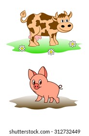 A cow and a pig walk on the nature and rejoice