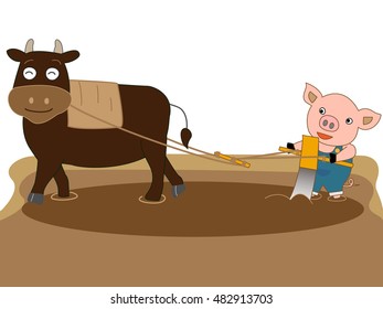 A cow and the piglet which plow the rice field.