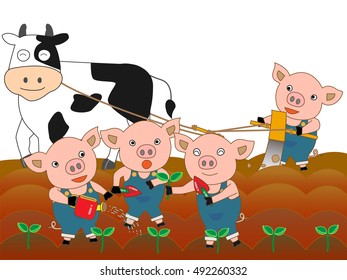 A cow and the piglet which work on a farm.