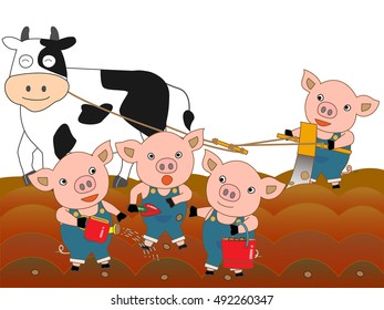 A cow and the piglet which work on a farm.