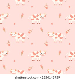 Cow pink cartoon so cute. On ice cream drink star pink background. Pattern seamless vector illustration. 