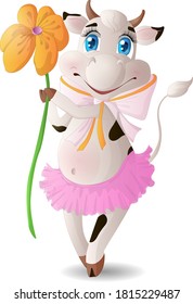 A cow in a pink skirt with an orange flower in her hands.