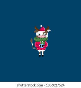 Cow pixel art on blue background. Pixel cows in cute suits.