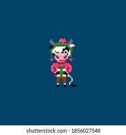 Cow pixel art on blue background. Pixel cows in cute suits.