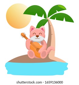 cow play guitar in the beach cartoon vector