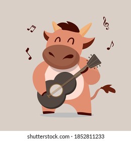 Cow Playing Guitar. Chinese New Year Ox Zodiac 2021 Character Desgn. Cute Animal Cartoon.