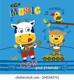 cow is playing music with friend,funny animal cartoon,vector illustration