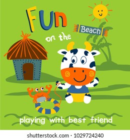 cow playing on the beach funny animal cartoon,vector illustration