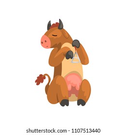 Cow playing triangle, cartoon animal character with musical instrument vector Illustration on a white background