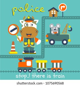 cow the police on the street funny animal cartoon,vector illustration 