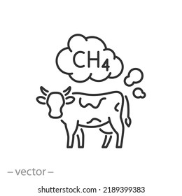 cow pollution icon, cattle fart, animal methane excretion, thin line symbol on white background - editable stroke vector illustration