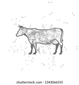 cow.  Polygonal wireframe cow silhouette. low poly vector illustrations on background of points and lines.