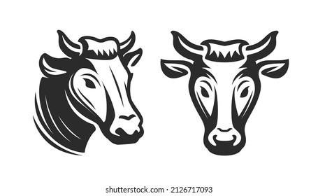 Cow portrait or Bull head stylized symbol. White and black vector illustration