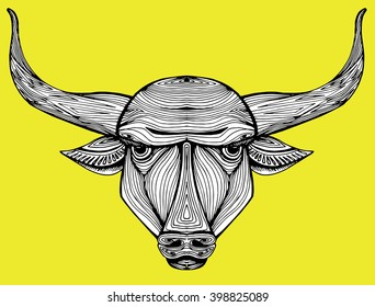 Cow. Portrait of a cow. Bull. Line art. Black and white drawing by hand. Decorative. Stylized.