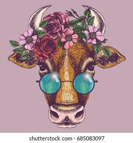 Cow portrait with floral wreath and round sunglasses. Hand drawn vector illustration. Fashion animal for your design.