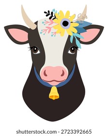 Retrato de vaca em estilo decorativo rústico. Cabeça de animal em flores