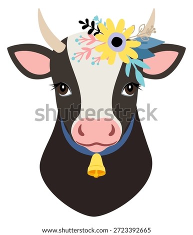Cow portrait in rustic decorative style. Animal head in flowers