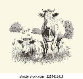 Cow portrait sketch hand drawn Farming and cattle breeding Vector illustration.