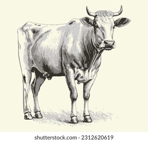 Cow portrait sketch hand drawn Farming and cattle breeding Vector illustration.