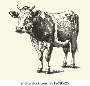 Cow portrait sketch hand drawn Farming and cattle breeding Vector illustration.