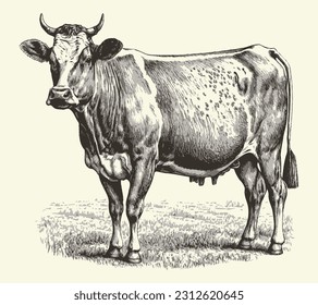 Cow portrait sketch hand drawn Farming and cattle breeding Vector illustration.