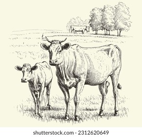 Dibujo de retrato de vaca dibujado a mano Explotación y cría de ganado Vector ilustración.