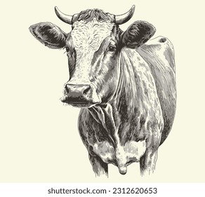 Cow portrait sketch hand drawn Farming and cattle breeding Vector illustration.