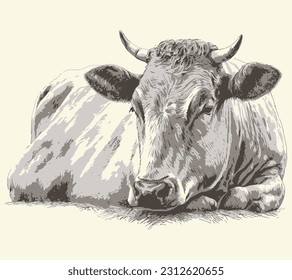 Cow portrait sketch hand drawn Farming and cattle breeding Vector illustration.