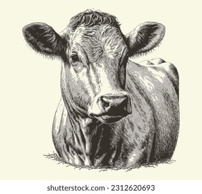 Dibujo de retrato de vaca dibujado a mano Explotación y cría de ganado Vector ilustración.