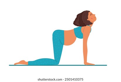 Cow Pose. Pregnant Woman practicing advanced yoga. Woman in sportswear doing floor exercises on mat. Women healthy life style concept. Active lifestyle and baby health care. Prenatal Bitilasana