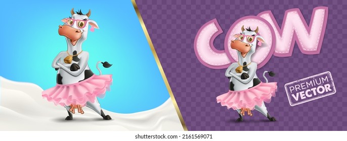 dibujo de prima de vaca en falda de ballet con lentes y leche de arete aislado caricatura 3d ilustración vector