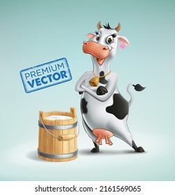 cow premium drawing and earrings wooden bucket with milk isolated cartoon 3d illustration realistic vector