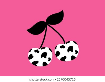 Cow print cherry on pink background. 
Minimalistic fruit icon with black and white colored cow, dalmatian pattern.