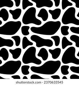 Cow print, giraffe seamless pattern. Vector hand drawn cartoon illustration. Cow spots in doodle style. Flat design. Safari print is in black and white colors.